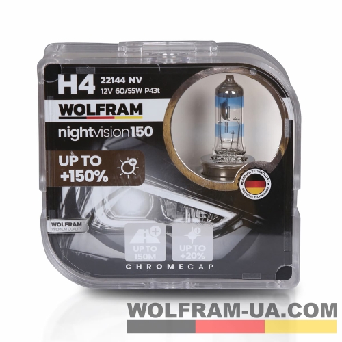 Автолампа галогенна Wolfram 12v H4 60/55W Night Vision +150% 2шт (22144NV)