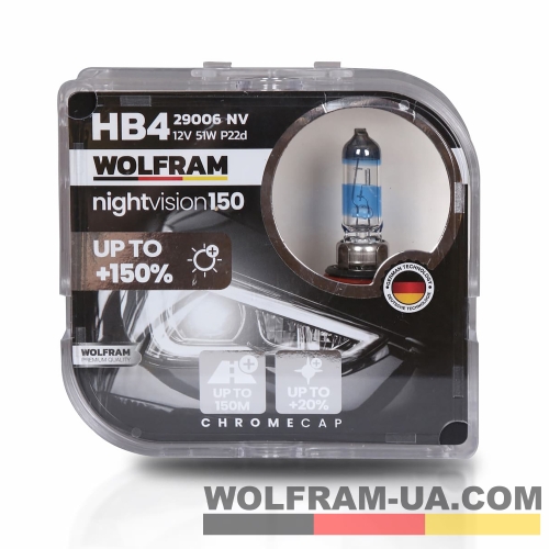 Автолампа галогенная Wolfram 12v HB4 51W Night Vision +150% 29006NV (2шт)