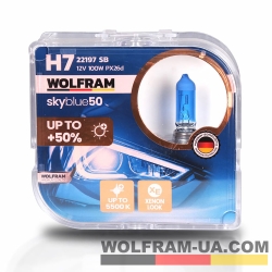 Автолампа галогенная Wolfram 12v H7 100W Sky Blue 22197SB (2шт)