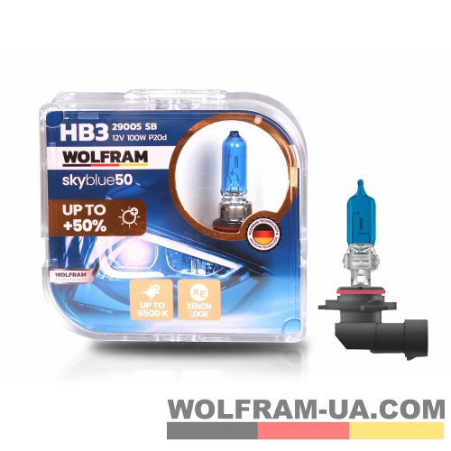 Автолампа галогенна Wolfram 12v HB3 100W Sky Blue 2шт (29005SB)