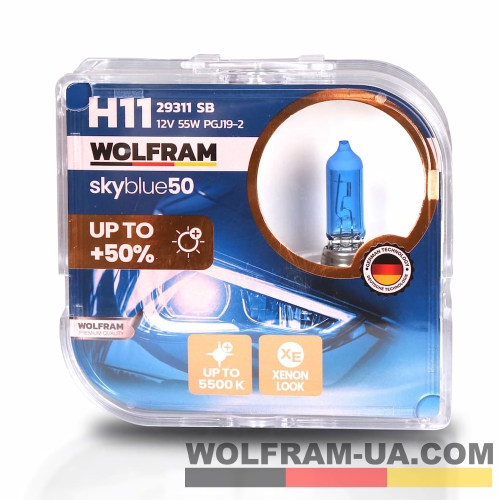 Автолампа галогенна Wolfram 12v H11 55W Sky Blue 2шт (29311SB)