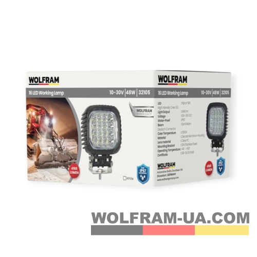 LED фара рабочая Wolfram 12-30v 48W E9 Certified (32105)