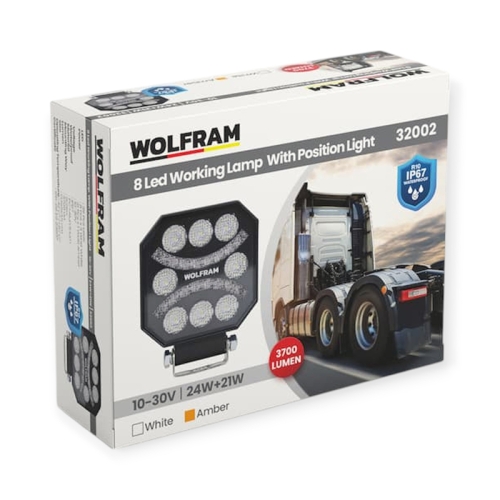 LED фара рабочая Wolfram 12-30v 24+12W E9 Certified Белый+Желтый (32002)