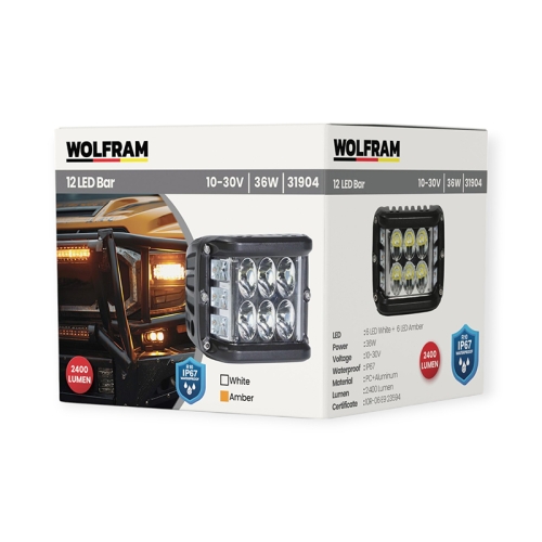 LED фара рабочая Wolfram 12-30v 36W E9 Certified Белый + Желтый (31904)