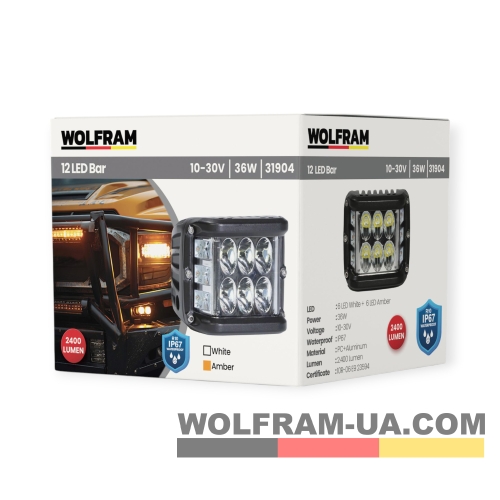 LED фара рабочая Wolfram 12-30v 36W E9 Certified Белый + Желтый (31904)