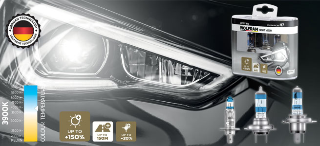 Wolfram Night Vision +150% Автомобильные галогенные лампы на 150% больше света и на +20% больше белого света